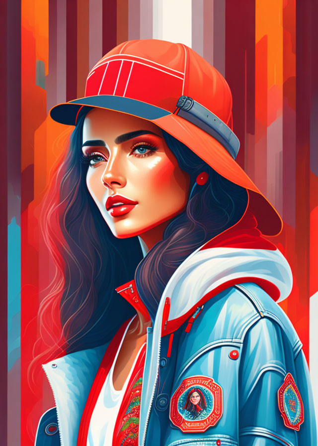 Colorful digital portrait of a woman with blue eyes, red cap, and blue jacket on abstract background