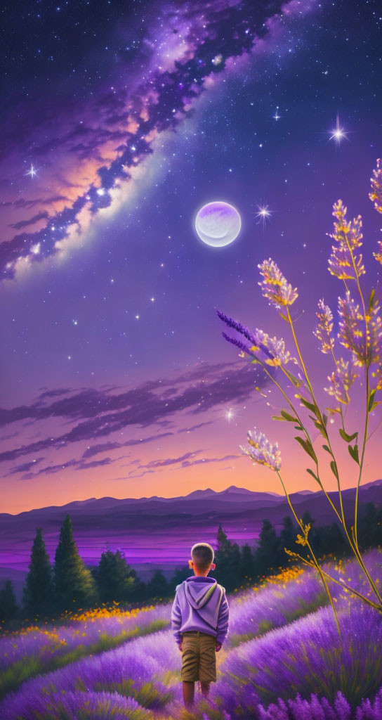 Child in purple flower field under starry sky with moon, lake, mountains