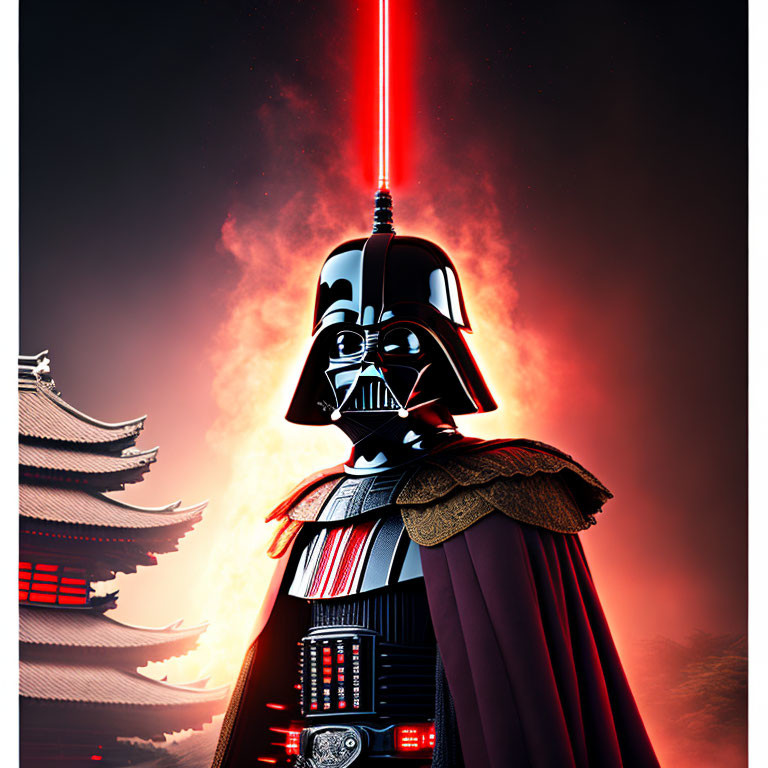 Sci-fi character with red lightsaber at Japanese building in red sky