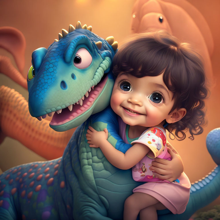 Curly-Haired Girl Smiling with Blue Cartoon Dinosaur