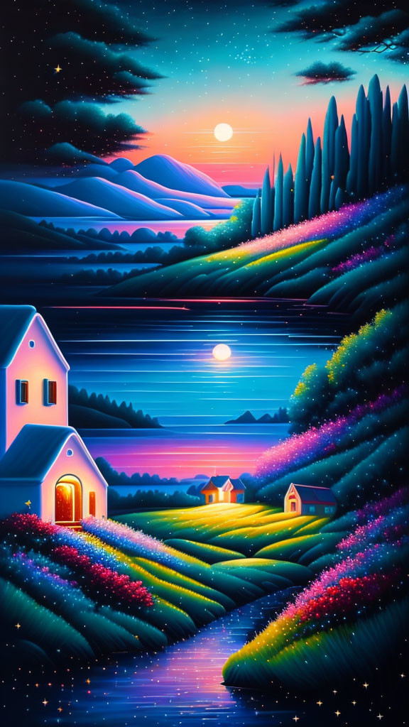 Starry Night Landscape with Cozy House & Colorful Hills