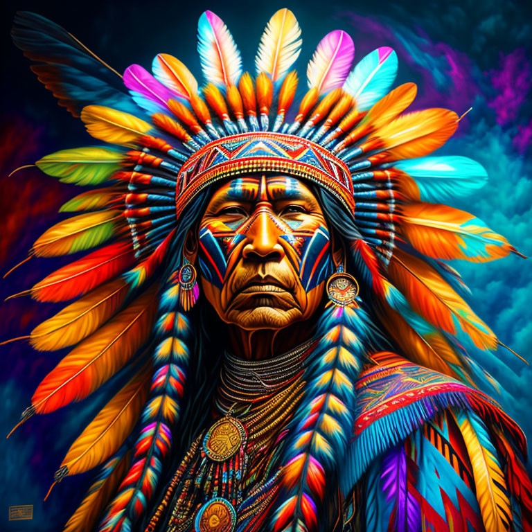 Native American Chief in Colorful Headdress on Psychedelic Background