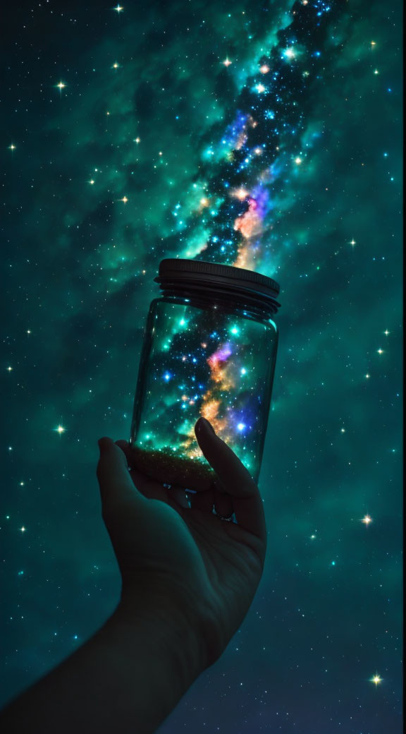 Hand holding glass jar with colorful stars against night sky