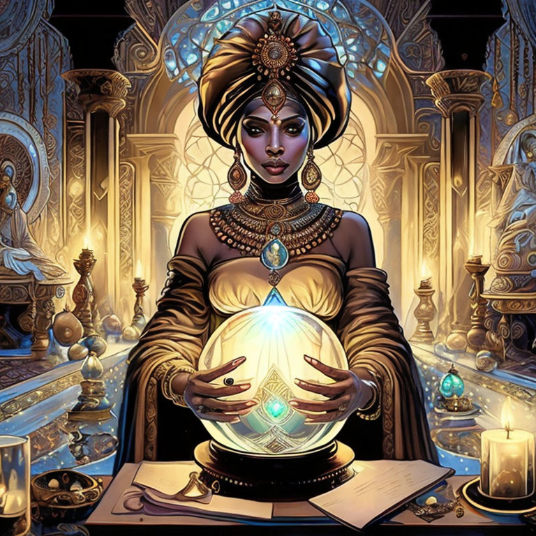 Regal woman in turban and jewelry with glowing sphere and candles