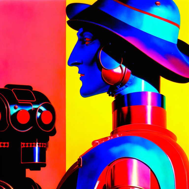 Colorful profile of blue mannequin and robot on vibrant background