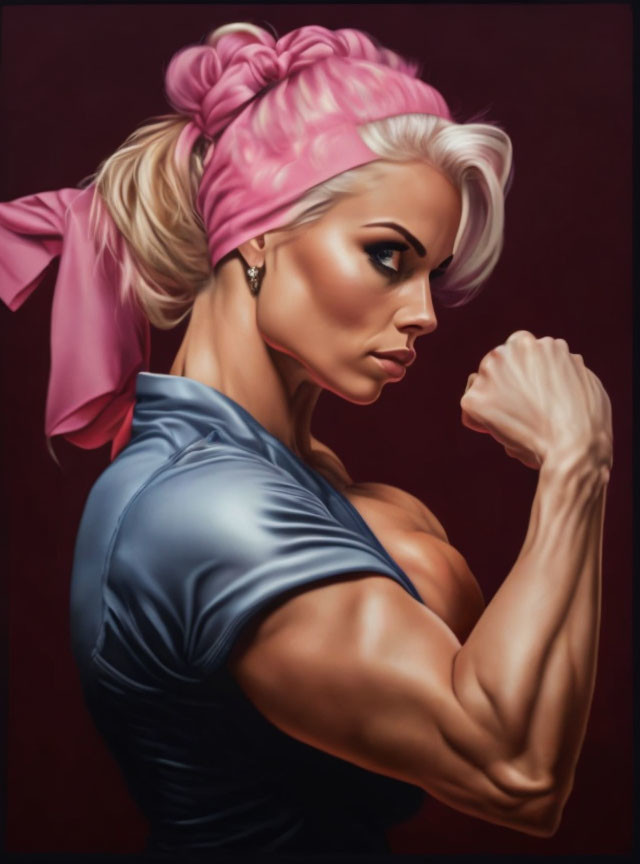 Muscular woman flexing bicep against burgundy background