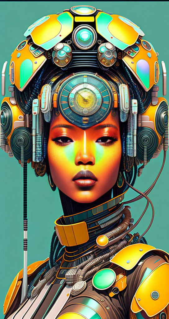 Futuristic portrait of woman with vibrant mechanical helmet on teal background