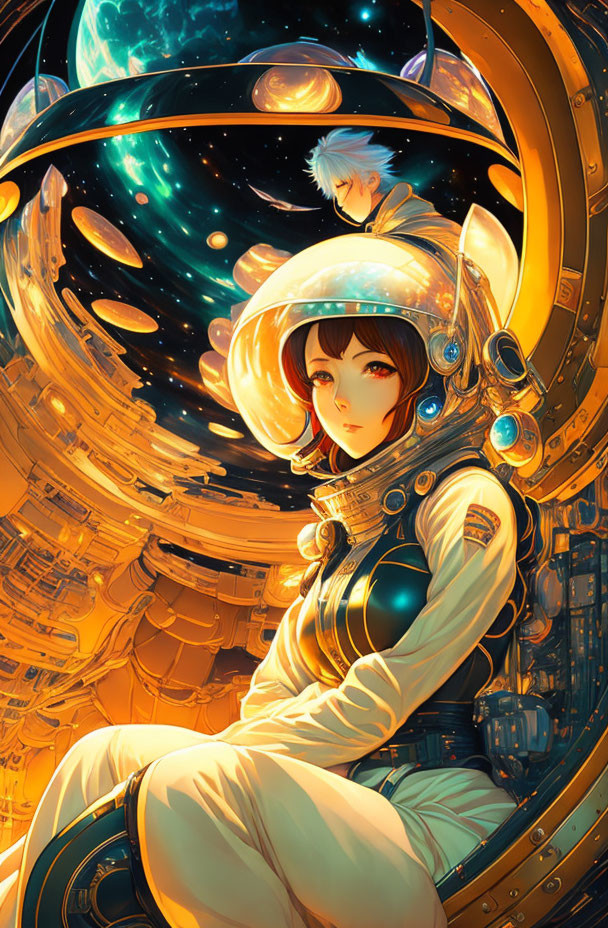 Female astronaut in large helmet surrounded by futuristic machinery and cosmic backdrop.