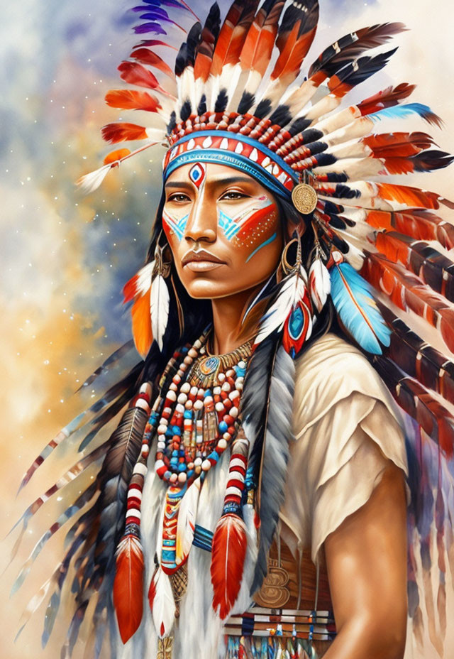 Native American man in feathered headdress and traditional attire against soft background