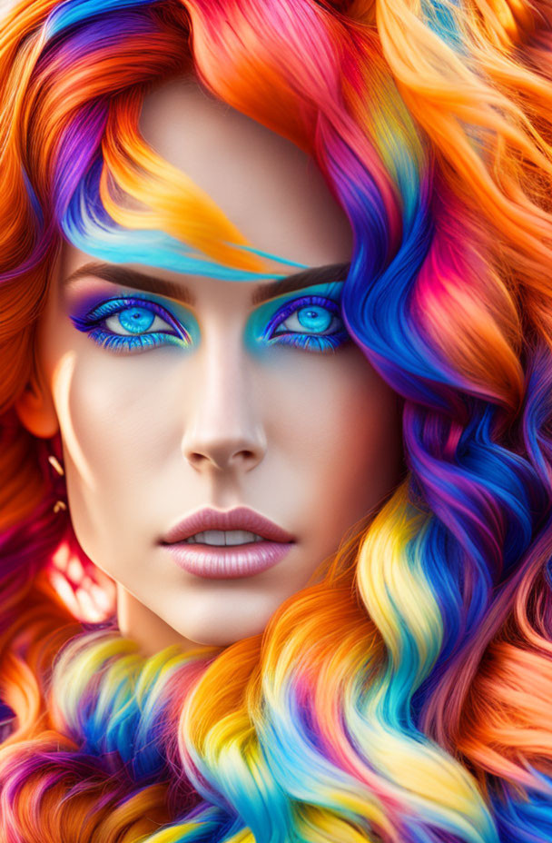 Vibrant rainbow-colored hair and striking blue eyes with bold blue eyeshadow