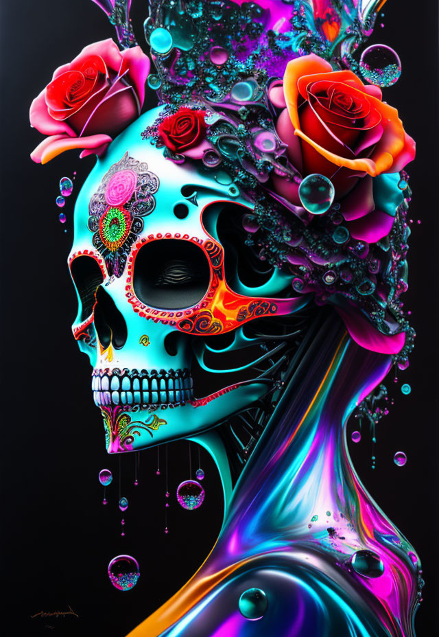 Colorful Day of the Dead Skull Illustration with Roses & Psychedelic Elements