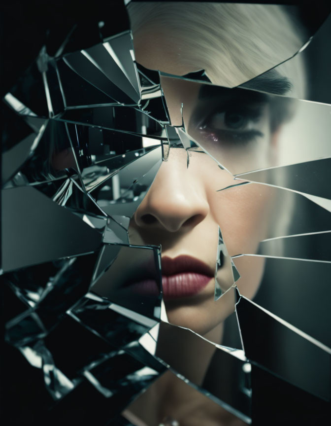 Partial woman's face reflected in shattered mirror