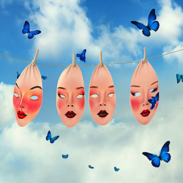 Illustrated masks with various expressions and butterflies on a sky background