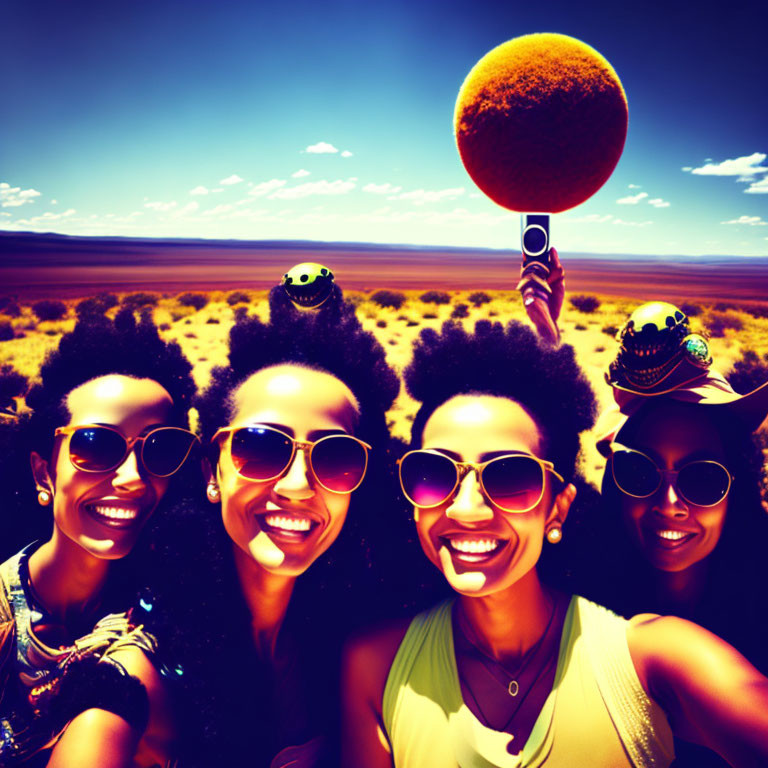 Four smiling animated characters in desert landscape with orange sphere