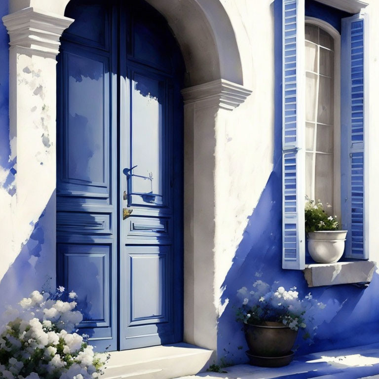 Blue Door and Window Shutters with White Wall and Blooming Flowers