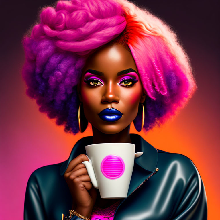 Vibrant pink and purple hair woman with bold makeup holding a coffee cup on colorful background.