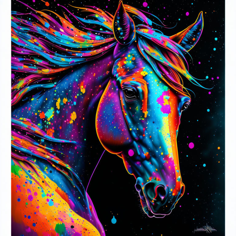 Colorful Neon Horse Illustration on Starry Black Background