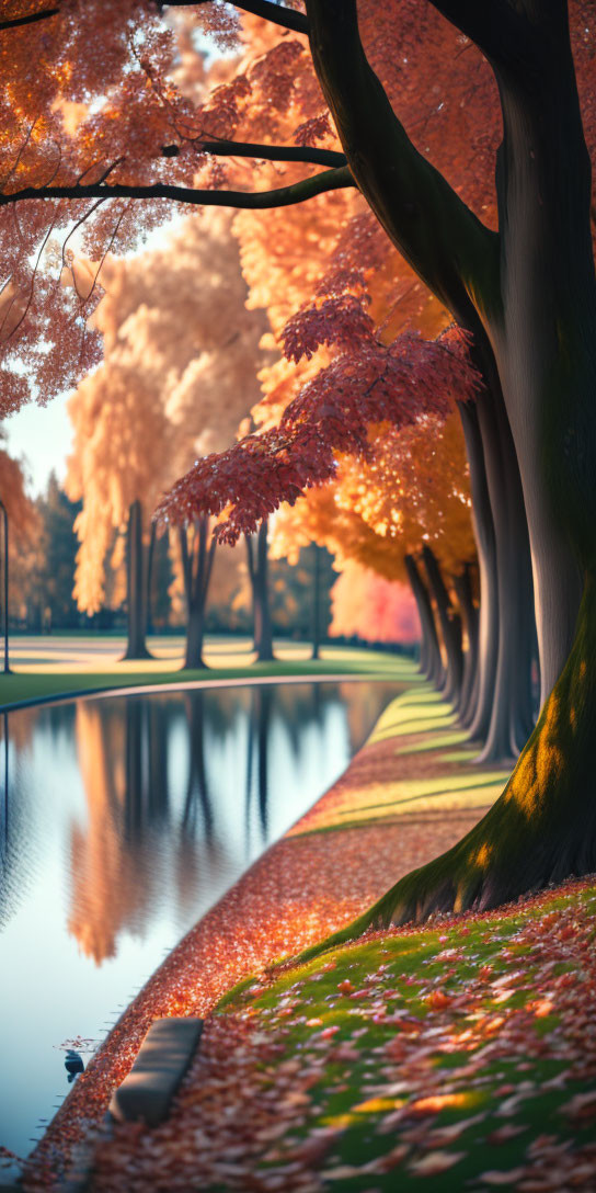 Tranquil autumn landscape: vibrant trees, calm lake, sunlit pathway