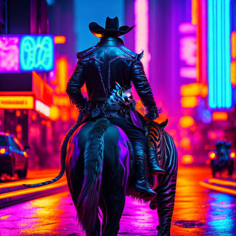 Cowboy in zebra-striped horse on neon-lit urban street