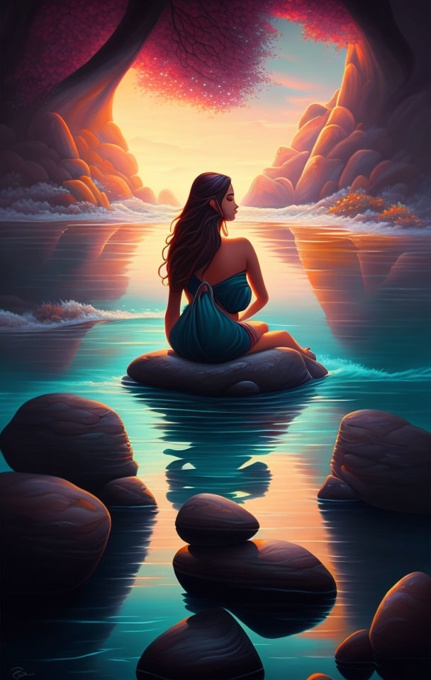 Tranquil woman on rock in calm water at twilight