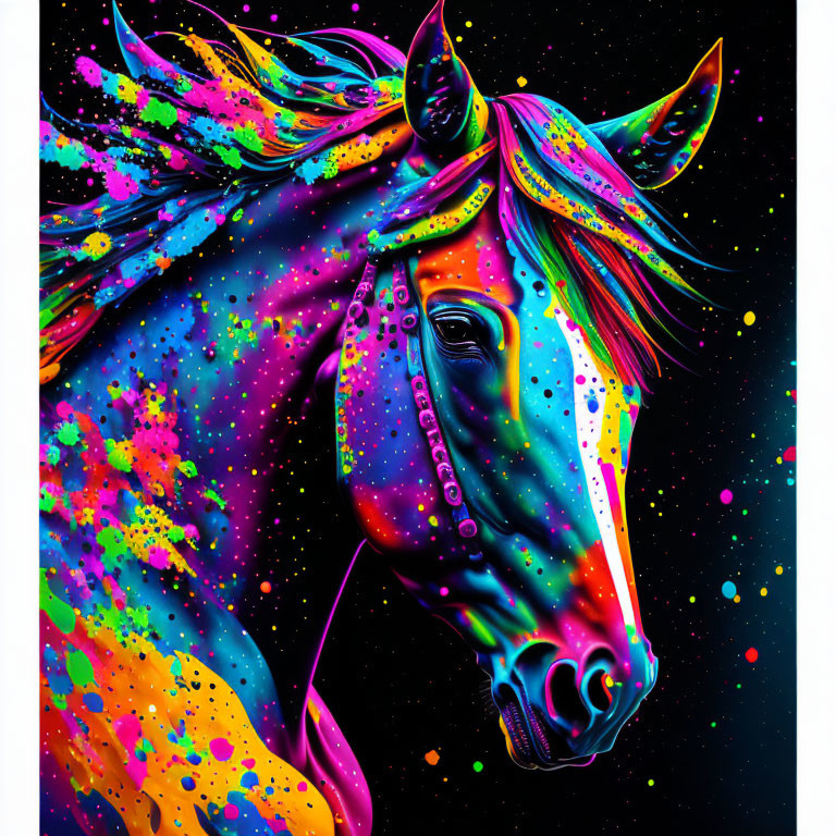 Colorful Neon Horse Painting on Dark Background