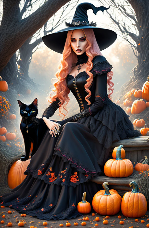 Digital artwork of woman as witch with pumpkins and black cat in autumn.