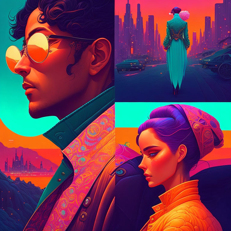 Stylized portraits against futuristic city backdrop: two men and two women in vibrant retro-futuristic