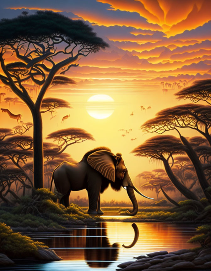 Savanna sunset with elephant, trees, animals, and orange sky