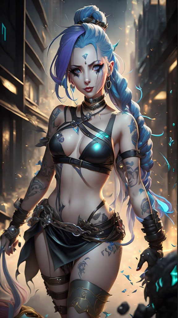 Cyberpunk character with blue hair and tattoos in futuristic city alley