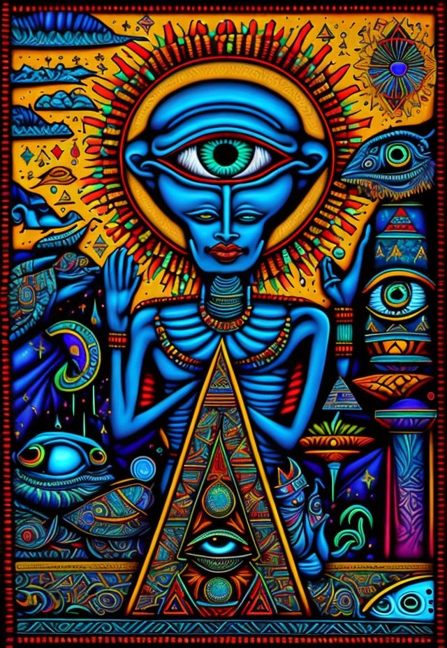 Colorful Psychedelic Art Featuring Egyptian-Style Figure with All-Seeing Eye Crown