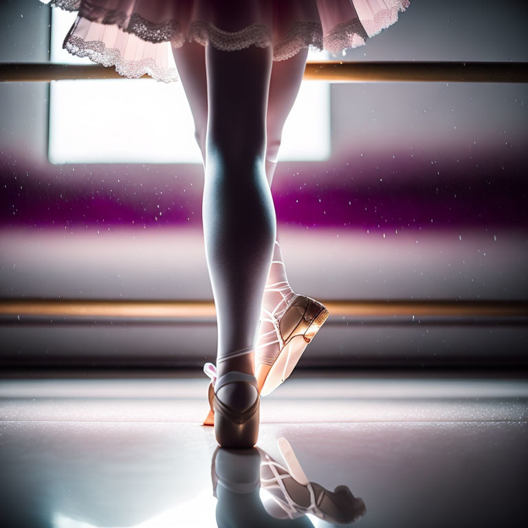 Ballet dancer on pointe with pink tutu, backlit by window