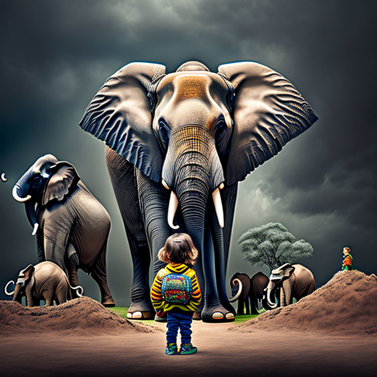 Child with colorful backpack facing large elephant and dramatic sky landscape