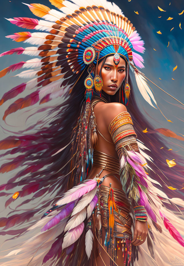 Woman in Vibrant Native American Headdress with Feathers and Beading