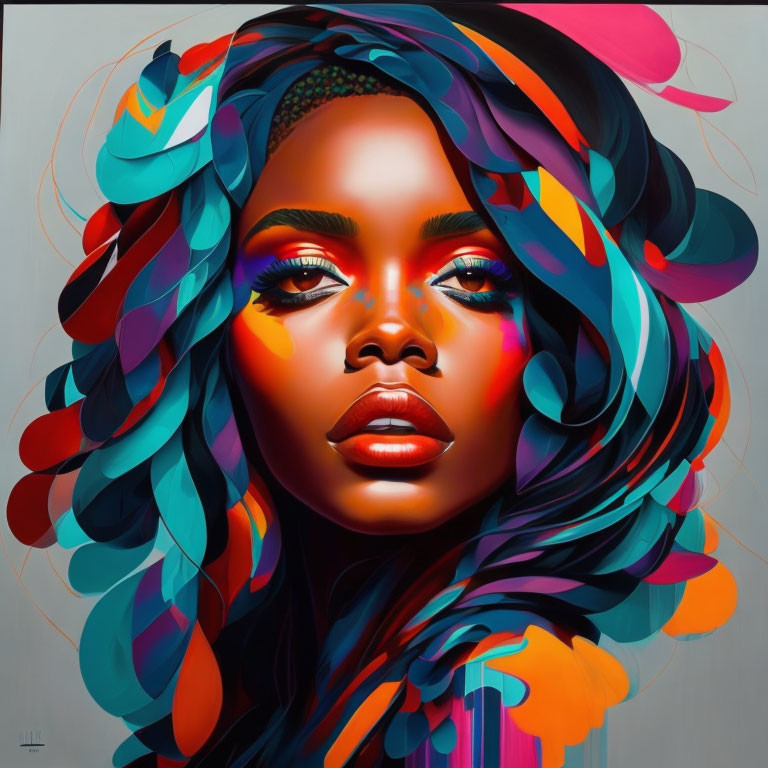 Colorful digital portrait of a woman with vibrant, fluid hairstyle and bold makeup