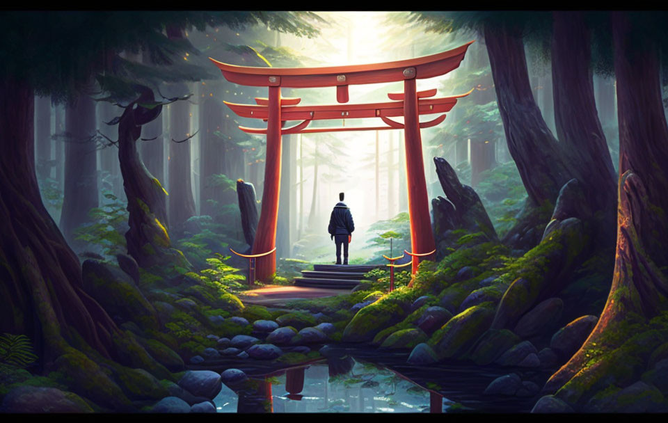 Person near red torii gate in mystical forest scene