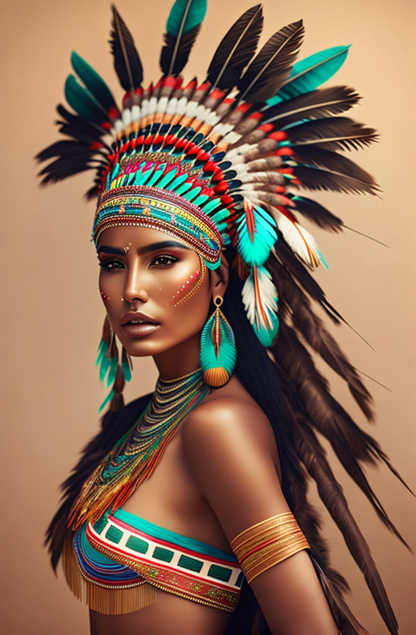 Digital artwork featuring woman in vibrant Native American headdress