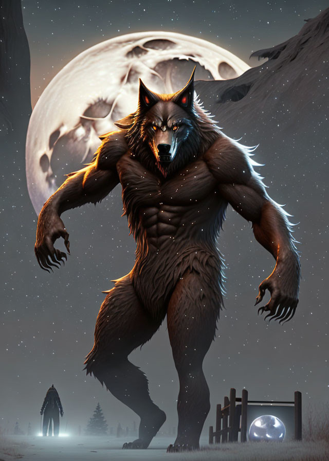 Menacing werewolf under large moon with person silhouette and crystal ball.