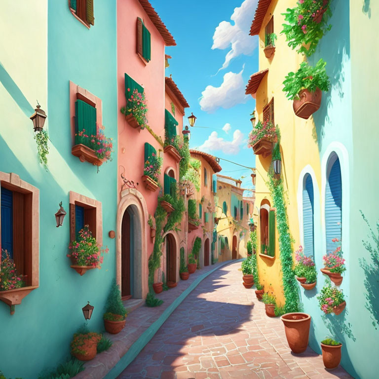 Colorful Houses on Vibrant Street with Flower Pots