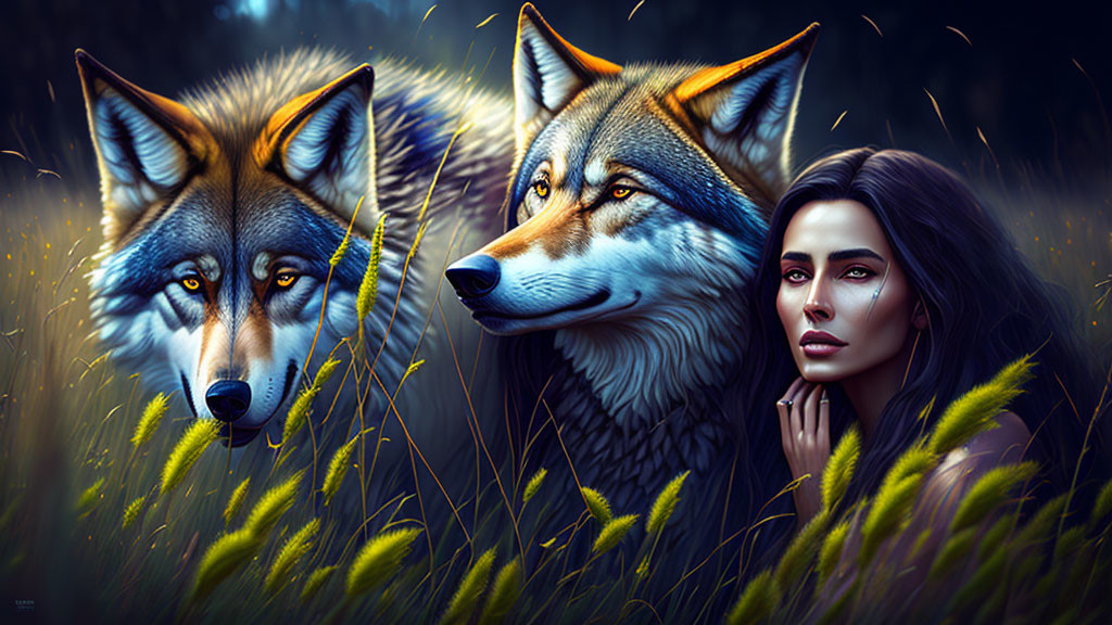 Realistic digital artwork of wolves and woman in glowing grass