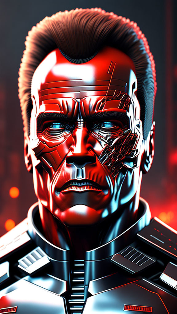 Digital artwork: Half-exposed robotic face with male features and stern expression