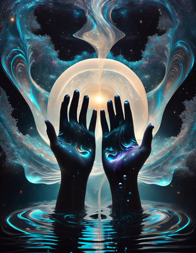 Cosmic background with hands reaching glowing orb