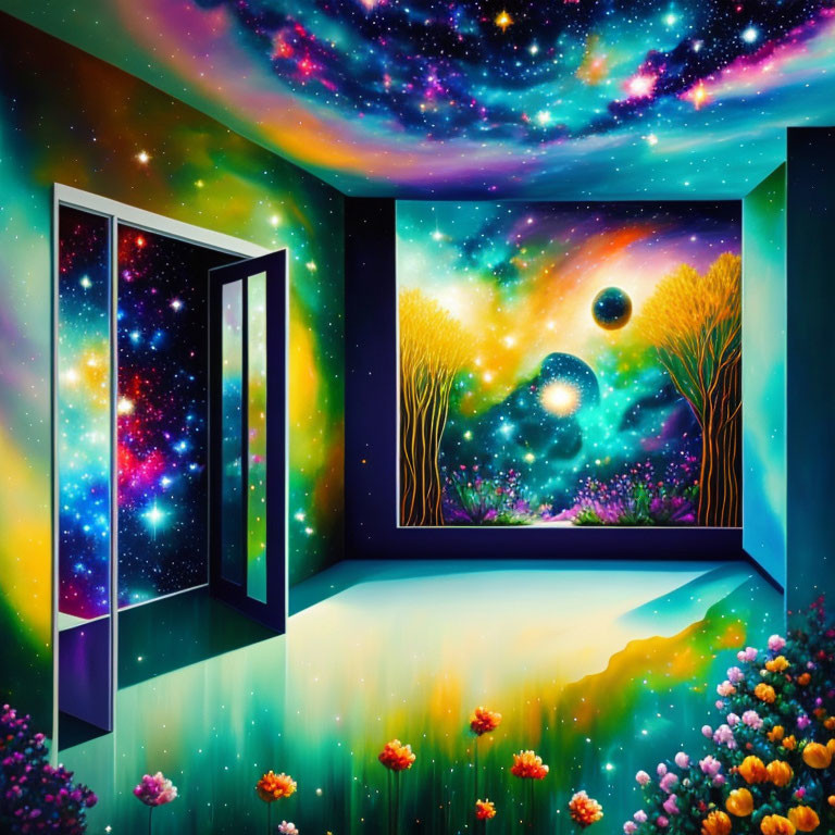 Colorful Cosmic Room with Starry Universe Door & Celestial Window View