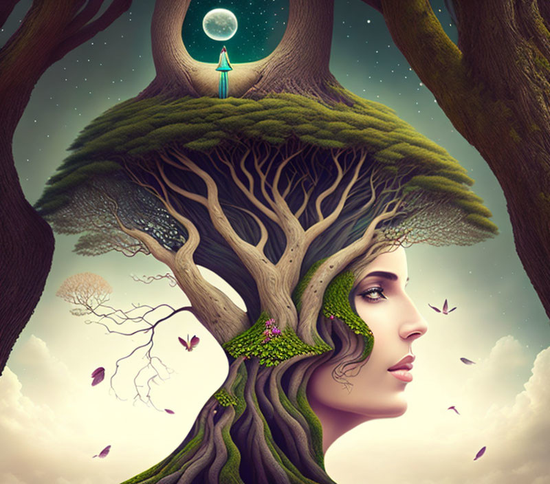 Woman's profile merged into tree with treehouse and moon in mystical setting