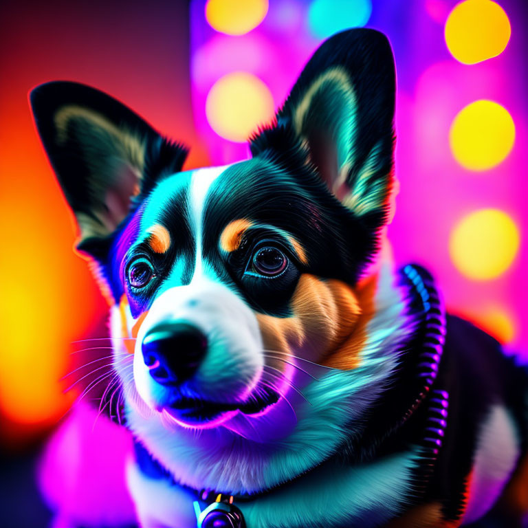 Colorful Corgi portrait with orange and blue lighting on bokeh backdrop