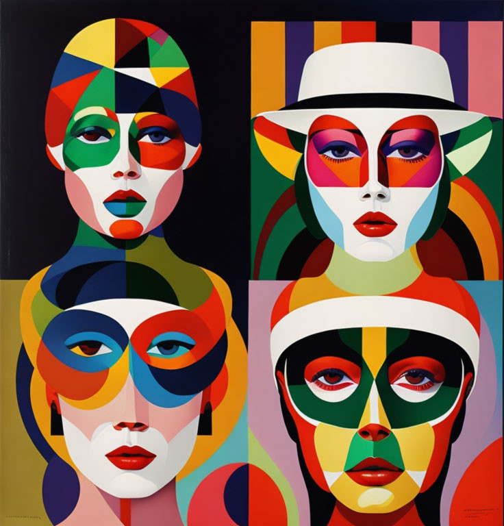 Four Geometric Multicolored Faces on Black Background