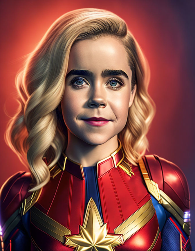 Blonde woman in superhero costume with blue eyes - digital artwork