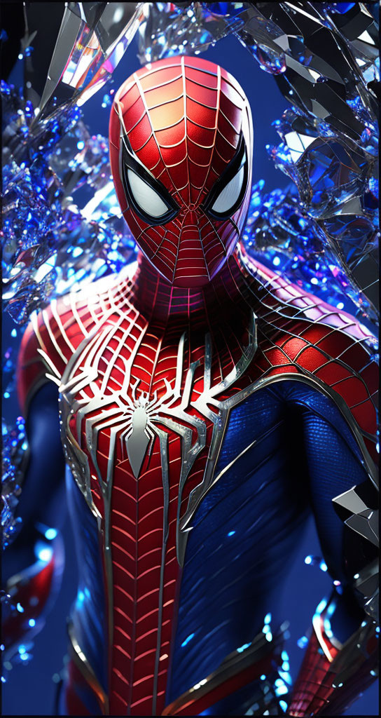 Detailed Spider-Man in red and blue costume among reflective shards in heroic pose under dramatic lighting