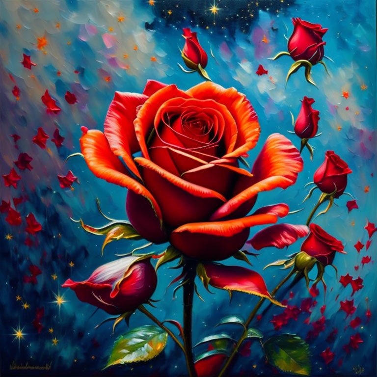 Colorful painting of large red rose surrounded by smaller roses and petals on cosmic blue background with twinkling