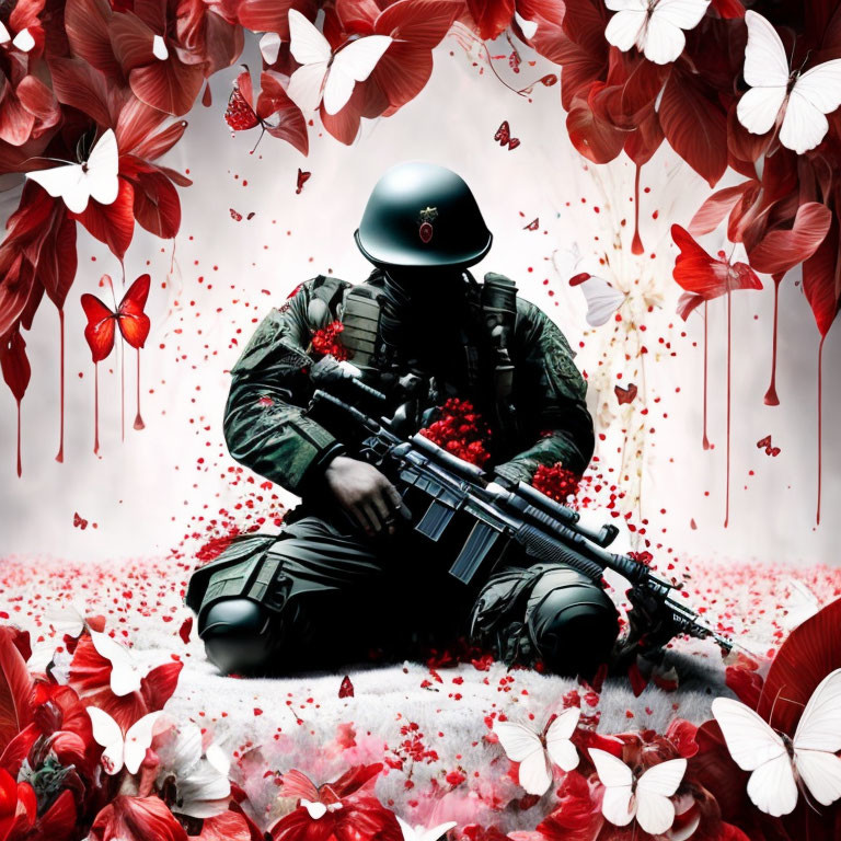 Soldier in full gear surrounded by red and white flowers and butterflies with droplets of blood.