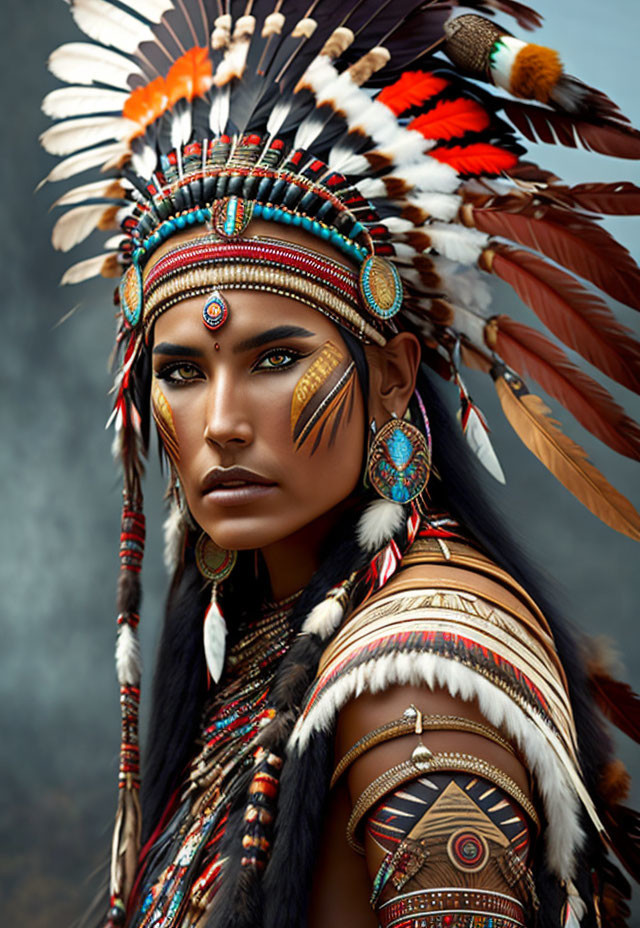 Elaborate Native American regalia with feathered headdress